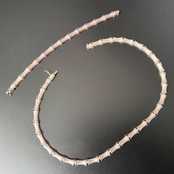 Vintage Sterling Silver Bamboo Link Choker Necklace & Bracelet Set 925 Italy 17" - Picture 14 of 16